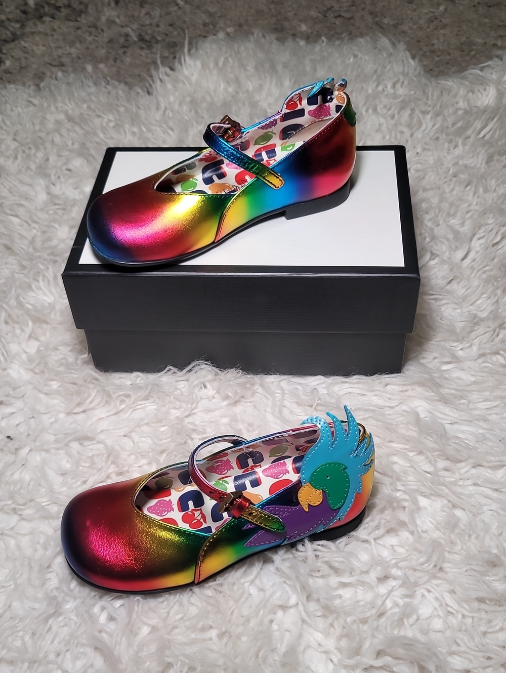 Gucci Girls' Multicolor Rainbow Mary Jane Dress Shoes with Parrot Detail